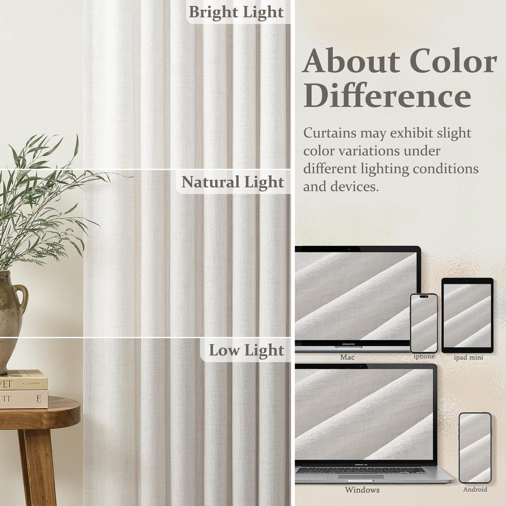 70 Inch Extra Wide Beige White Curtains 102 Inches Long for Classroom, Memory Shape Pinch Pleat Light Filtering Thick