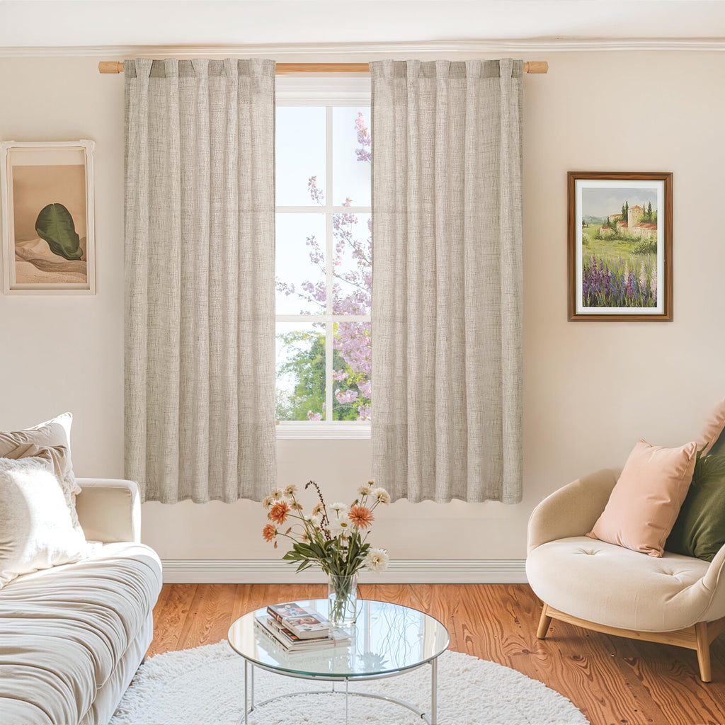 Natural Linen Curtains 54 Inch Length for Short Living Room Windows, Rod Pocket Rustic Country Drapes Light Filtering