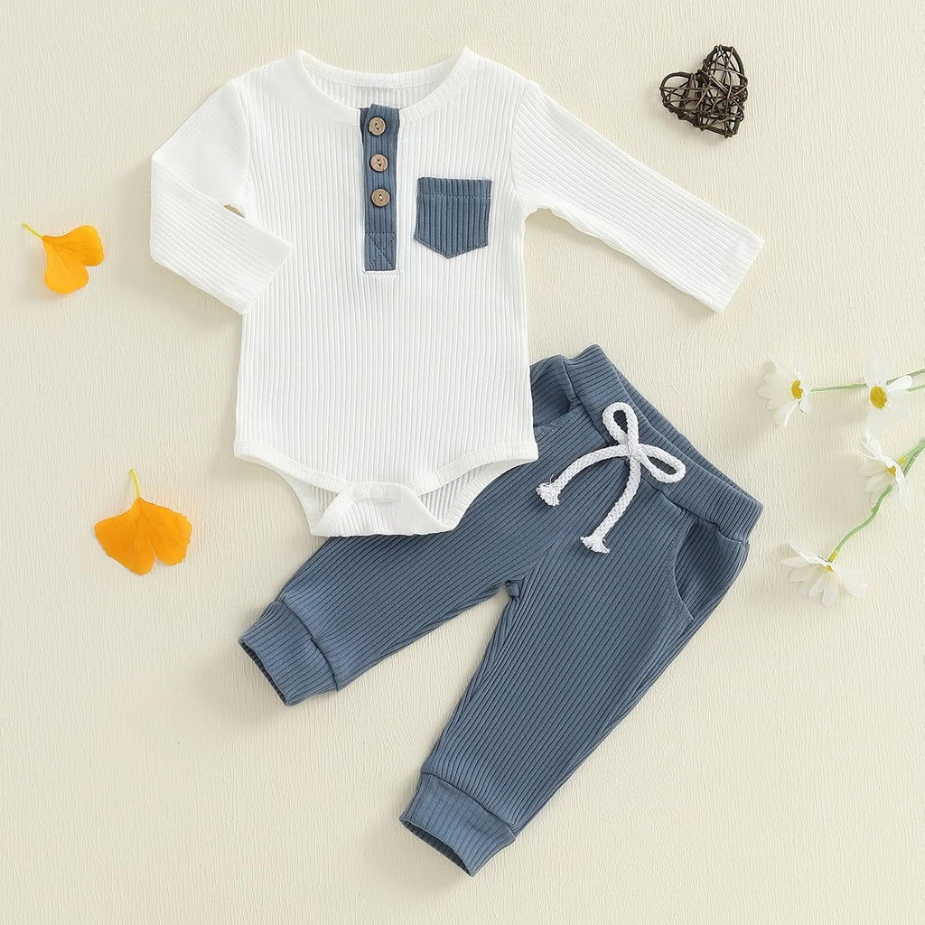 Baby Boy Clothes 3 6 12 Ribbed Knitted Long Sleeve Romper and Pants Sets Newborn Fall Splicing Color Outfits