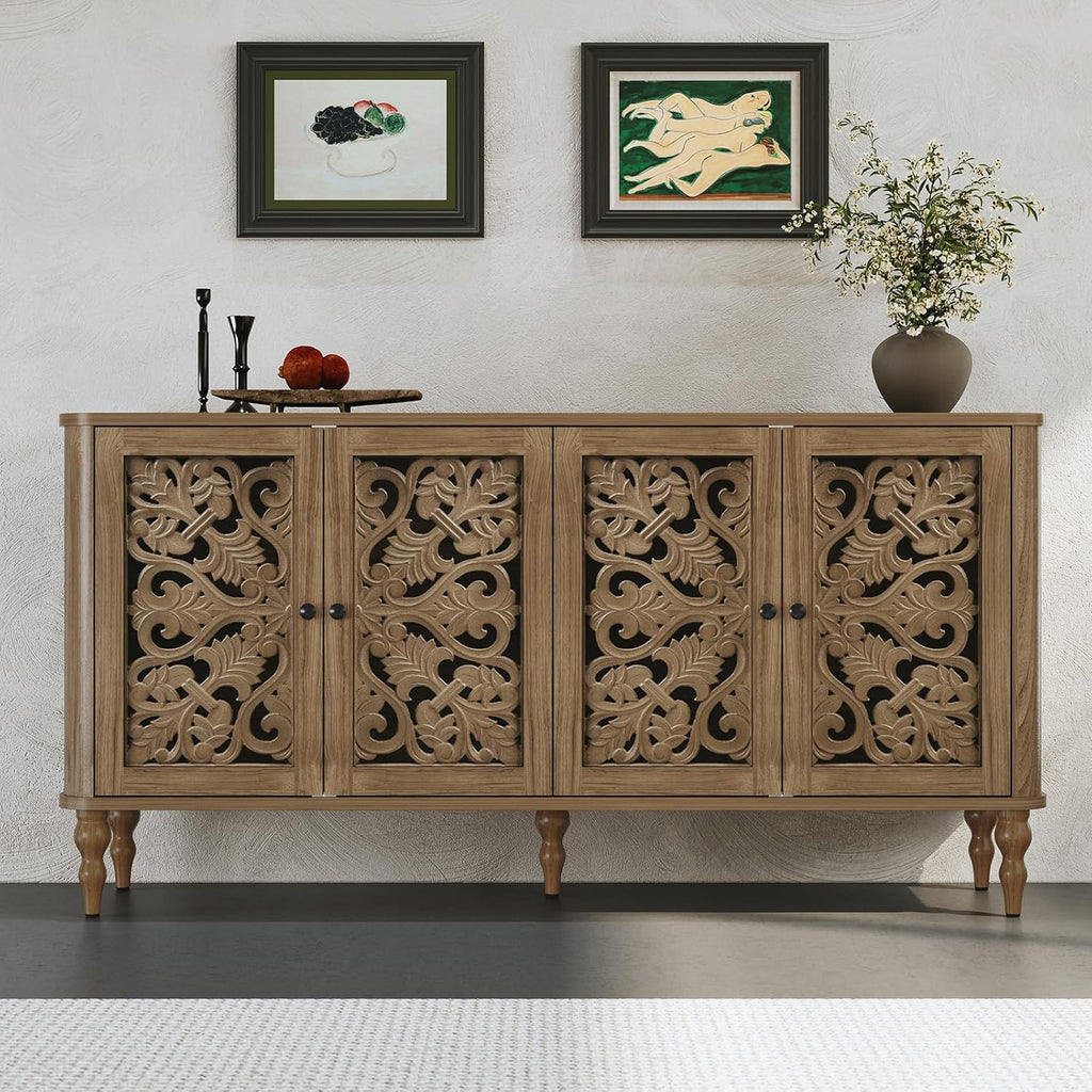 63" Retro Arc Carved Sideboard Buffet Cabinet, 4 Craft Doors Wooden Accent Credenza for Living Room, Dining Room