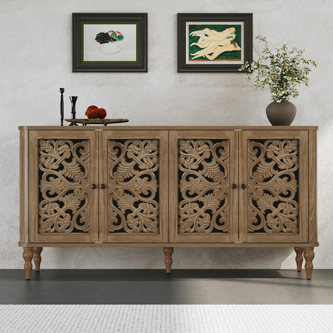 63" Retro Arc Carved Sideboard Buffet Cabinet, 4 Craft Doors Wooden Accent Credenza for Living Room, Dining Room