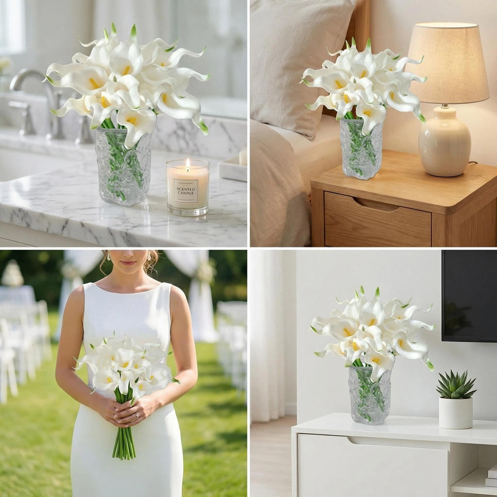 30 Stems Real Touch Calla Lily Artificial Flowers, 15.7in White Faux Calla Lilies with PU Blooms and Bendable Stems