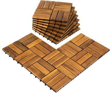 Pack of 10 Deck Tiles - 12"x12" Interlocking Natural Solid Acacia Wood for Outdoor & Indoor, Patio Garden, Balcony
