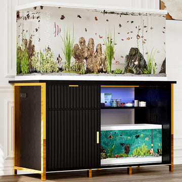 55 Gallon Fish Tank Stand with Power Outlets, Black and Gold Aquarium Stand
