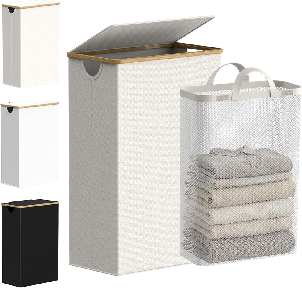 Slim Laundry Basket with Lid, Narrow Laundry Hamper with Removable Bag, Skinny Dirty Clothes Basket with Bamboo