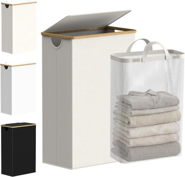 Slim Laundry Basket with Lid, Narrow Laundry Hamper with Removable Bag, Skinny Dirty Clothes Basket with Bamboo
