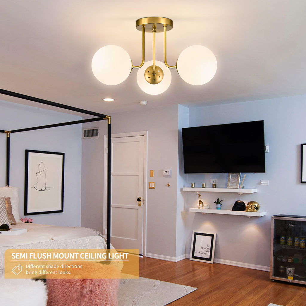 3-Light Semi Flush Mount Ceiling Light Globe Ceiling Light Mid Century Ceiling Light with Opal Milk Glass Globe &
