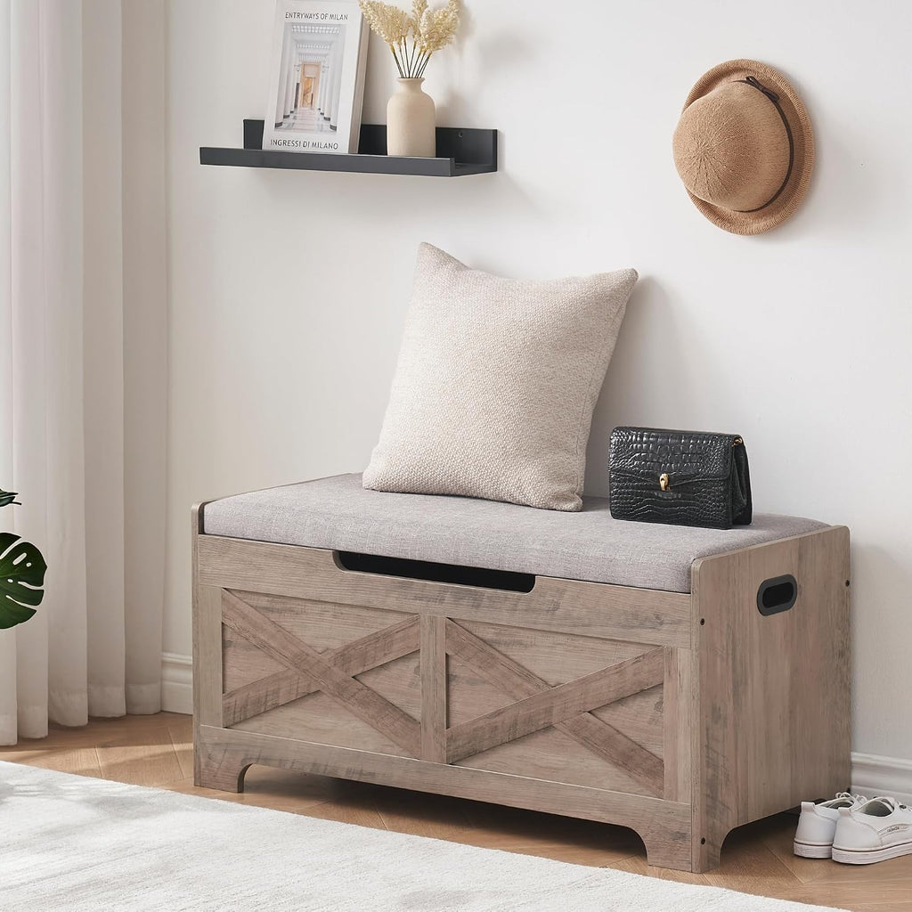 Storage Chest, Lift Top Storage Trunk with 2 Safety Hinges, Barn Style Organizer, Wooden Entryway Bench with Seat