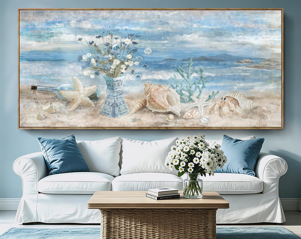 Oversized Blue Ocean Framed Wall Art Boho Canvas Print 86x39inch