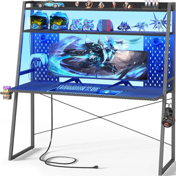 Gaming Desk with Hutch and LED Lights, Gaming Computer Desk with Power Outlets, Gamer Desk with Storage Shelves, PC