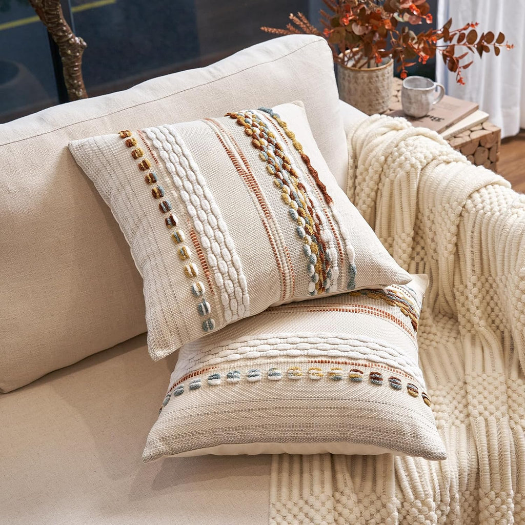 Boho Throw Pillow Covers 18x18 Inch Set of 2, Farmhouse Decorative Striped Square Pillow Covers Chenille Tufted