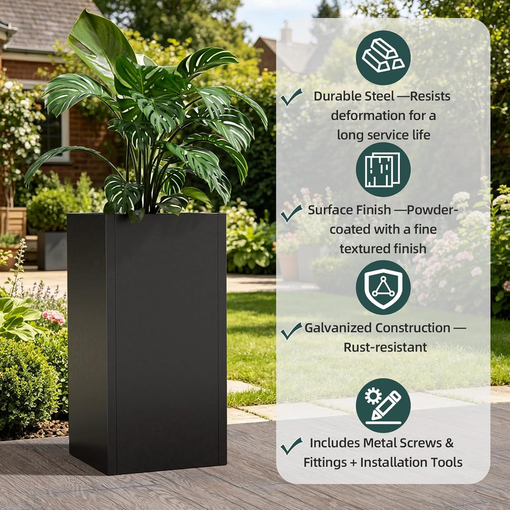 Metal Tall Planters Box Set of 4-24 Modern Tall Square Planter for Outdoor Plants with Removable Insert Shelf, Heavy