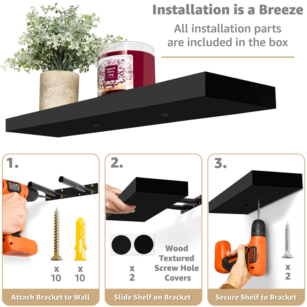 Floating Shelves for Wall, Wood Wall Storage (4 Pack, Black)