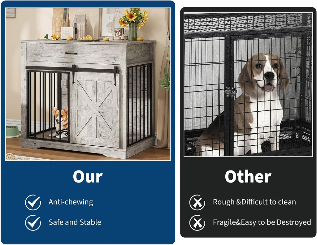 Dog Crate Furniture for Dogs, Farmhouse Style 2-in-1 Dog Crate with Sliding Barn Door, Dual