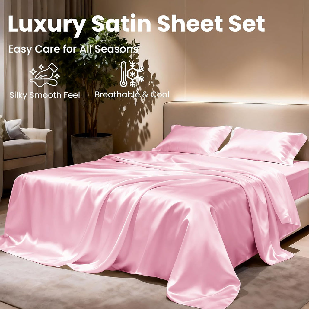 Satin Queen Sheets Set - 4 Piece Pink Silky Bed Sheets Set with Deep Pocket, Luxury Silk Feel Satin Queen Sheet Set