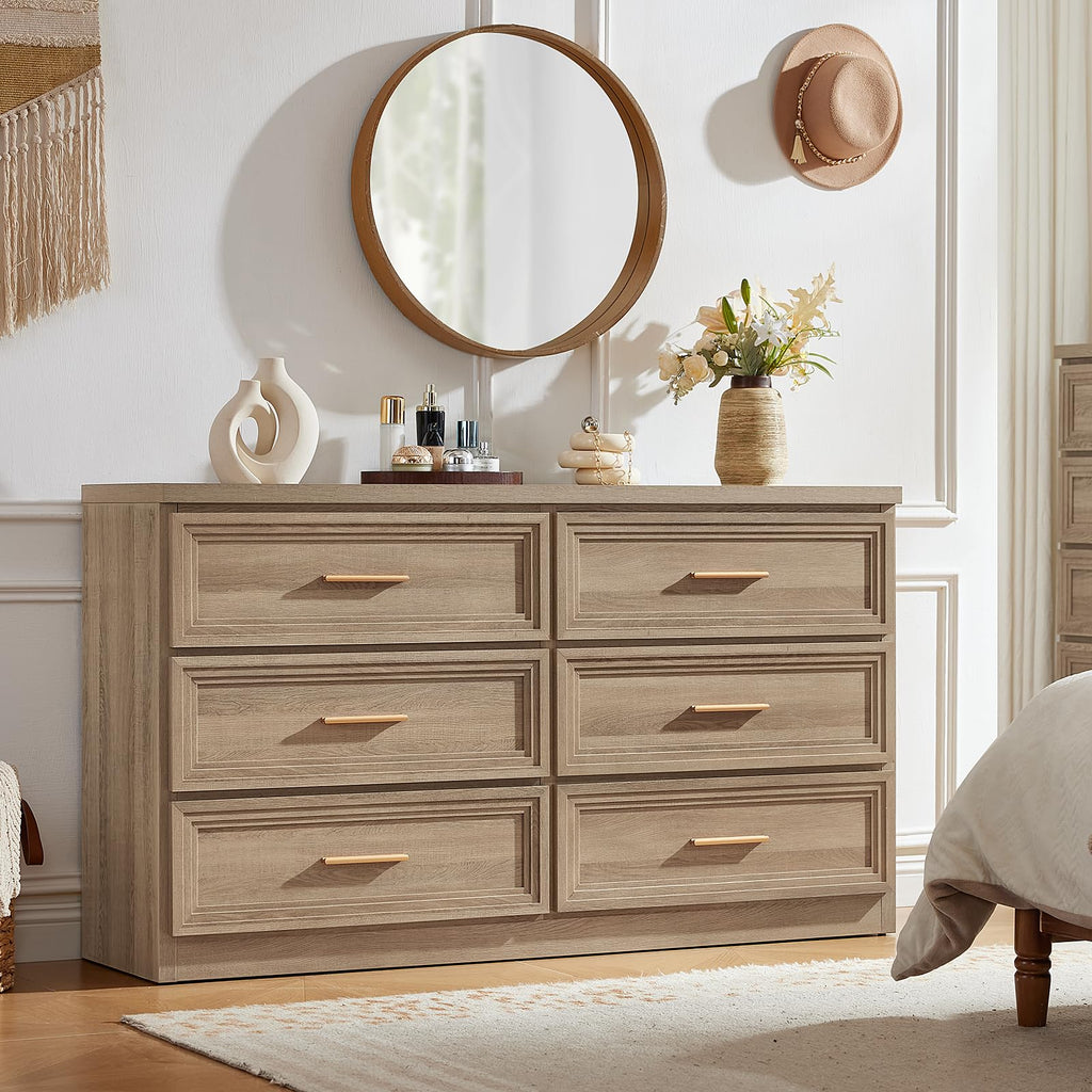 55.1" Wide Farmhouse 6 Drawers Dresser, Oak