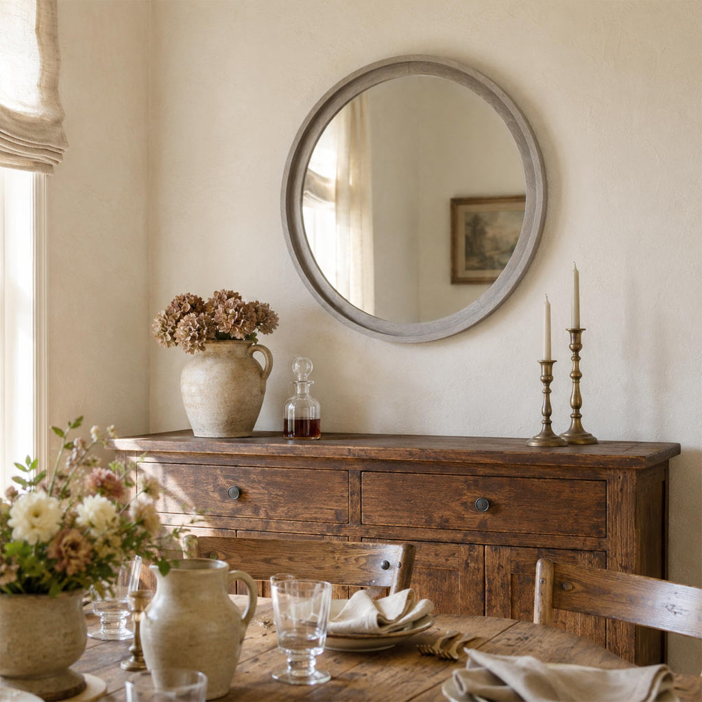 30 Inch Weathered Gray Round Bathroom Mirror for Vanity, Wood Frame