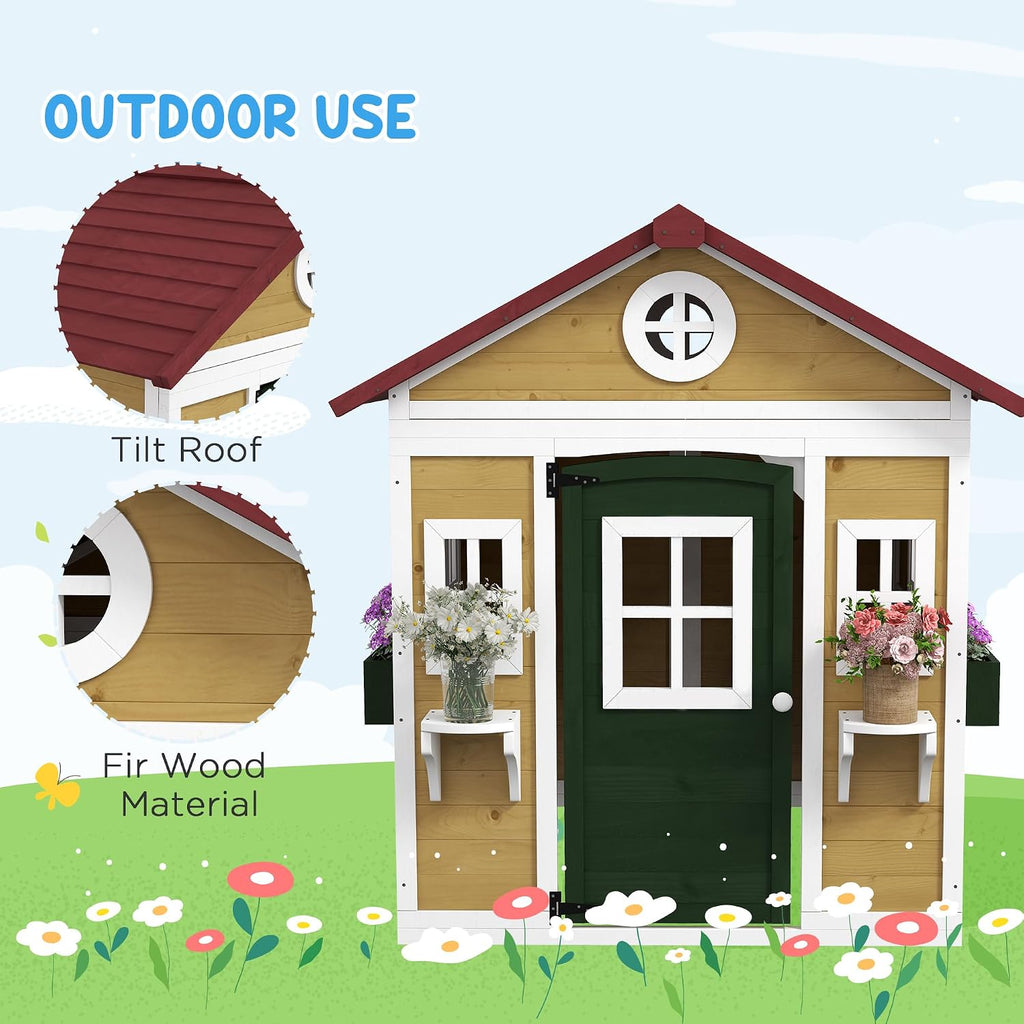Outdoor Kids Playhouse with Dutch Door for Toddlers 3-8, Beige | Wooden, Windows, Flower Holders and Boxes, Cottage