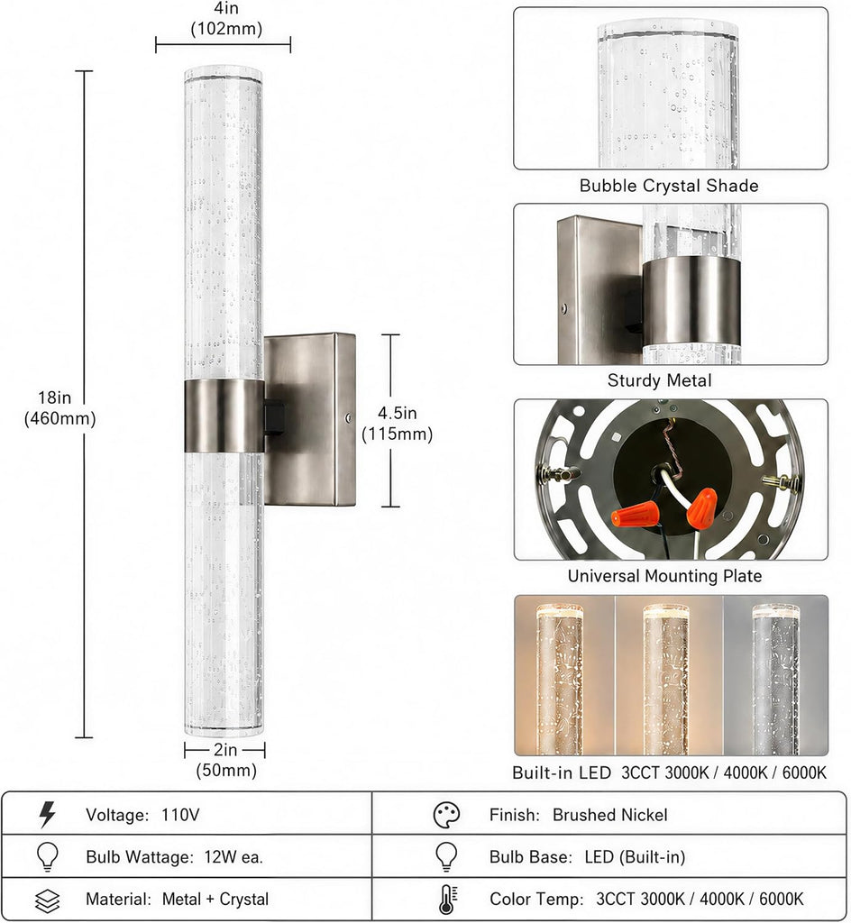 Modern Wall Sconces Set of Two, 3CCT Crystal Bathroom Sconces Wall Light, Brushed Nickel Vanity Light Fixture, Sconce