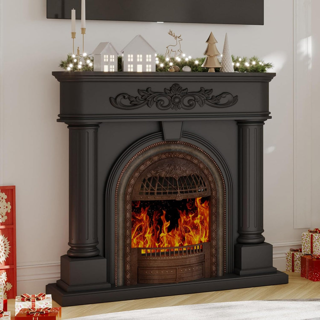 Electric Fireplace with Mantel, Solid Wood 51Inch Black TV Stand with Fireplace for Living Room, Vintage Style