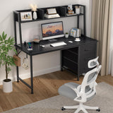 Black Computer Desk with Hutch & Drawers - Office Desk with 3 Storage Drawers and Power Outlets