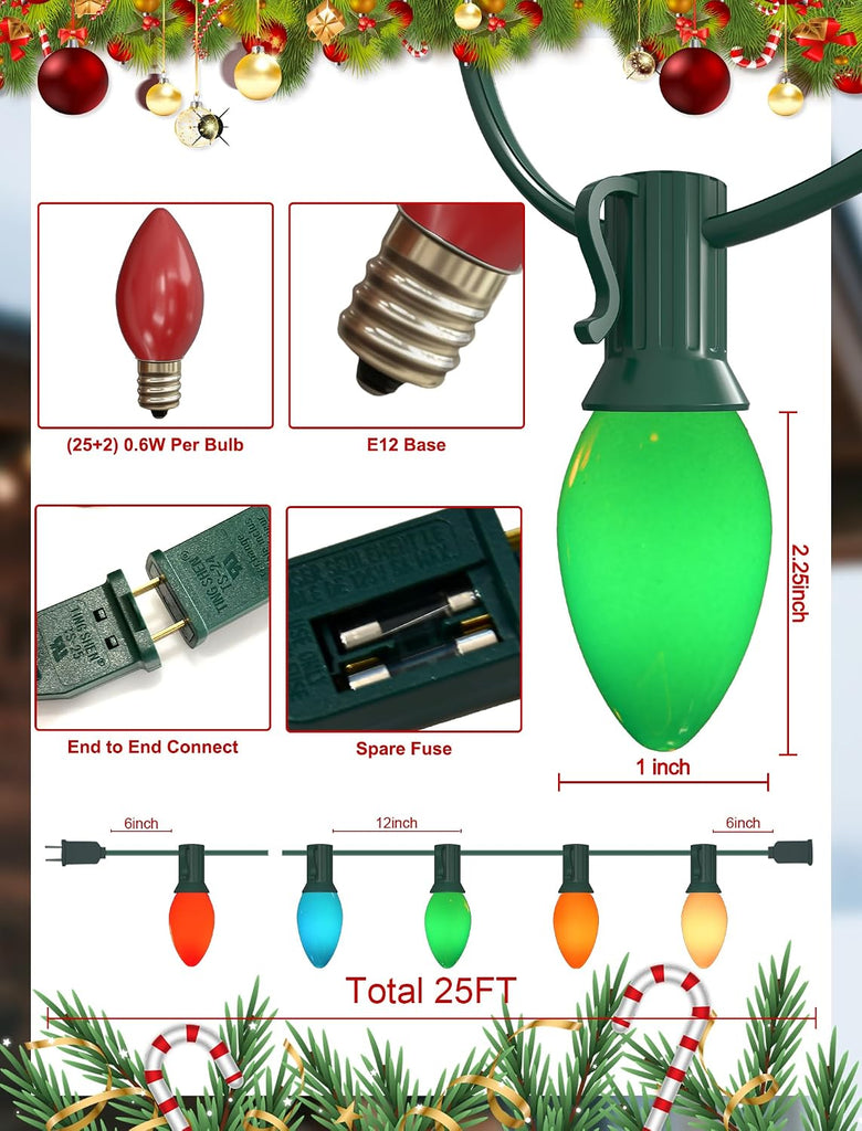 C7 LED Christmas Lights Outdoor,25FT Multicolor C7 Christmas Lights Indoor with 27 0.6w Bulb Fit E12 Base,Xmas Light