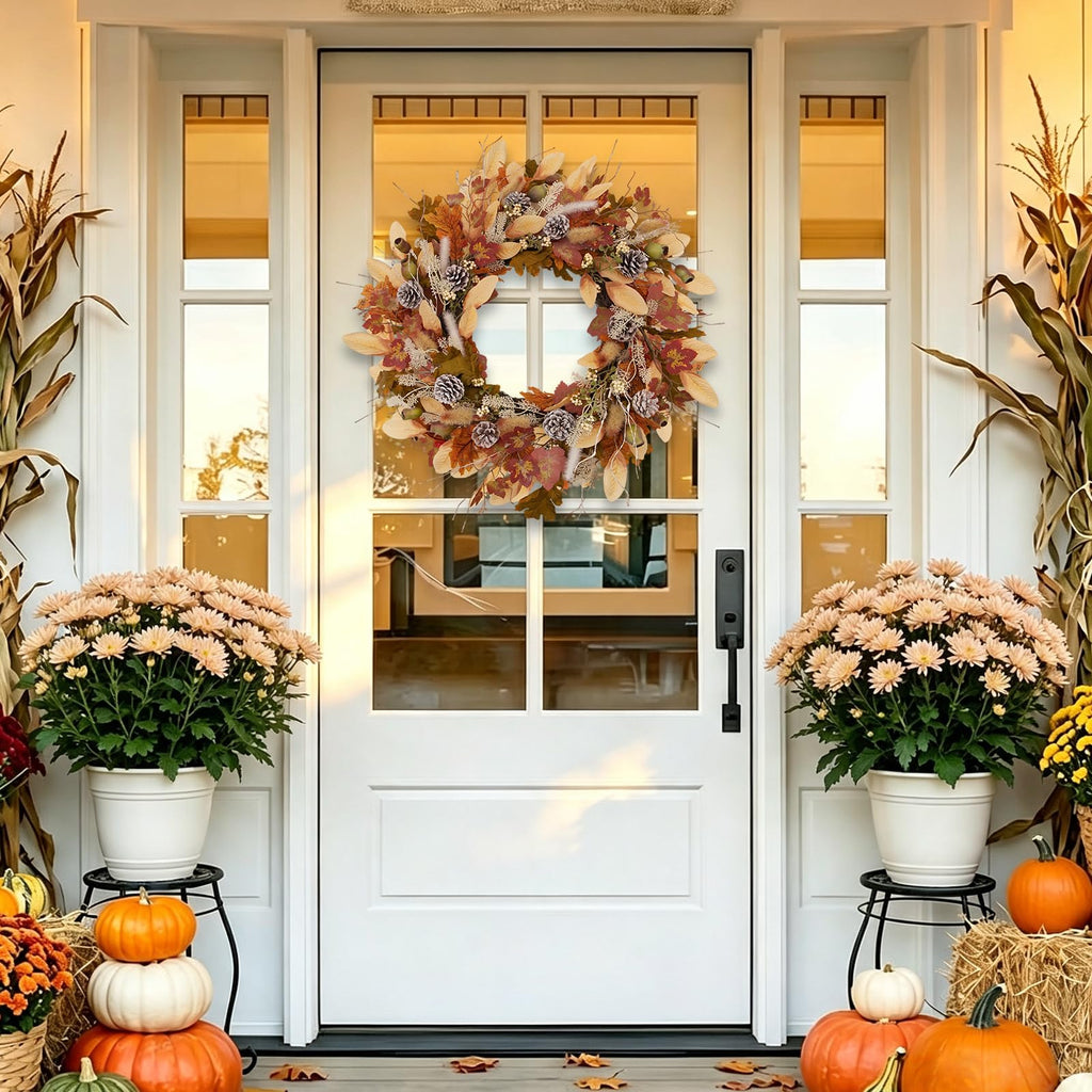 24 Inch Woodland Fall Wreath, Rustic Farmhouse Autumn Wreath with Frosted Pinecones, Bunny Tail Grass, Acorns &