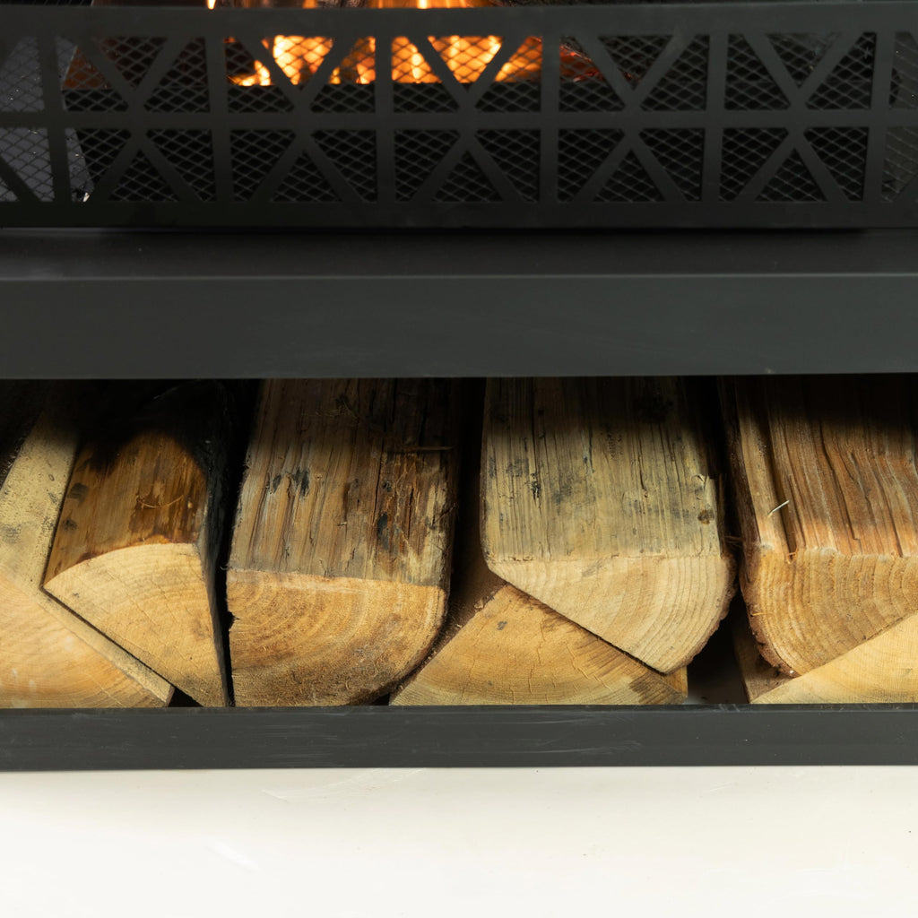 36" Rectangular Steel Outdoor Wood Burning Fireplace - Outdoor Fireplace with Adjustable Cooking Grill & Log Storage
