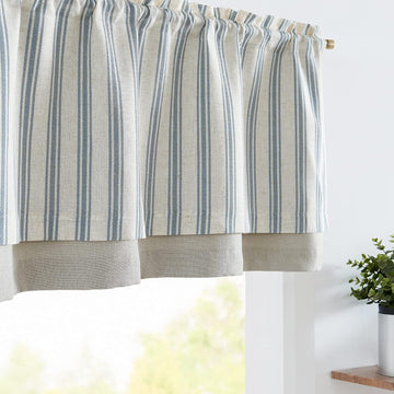 Blue Striped Linen Valance, 50" W x 18" L, Farmhouse Window Valance, Blue on Beige