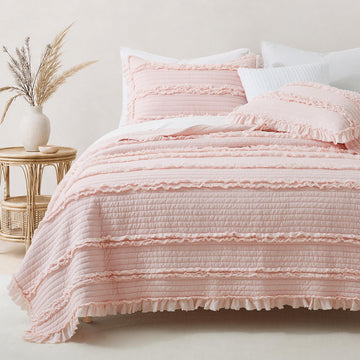 Ultra Soft Ruffle Fringed Quilt, Shabby Chic Rustic Pink Bedding Set, Stone Washed Boho Decorative Quilt