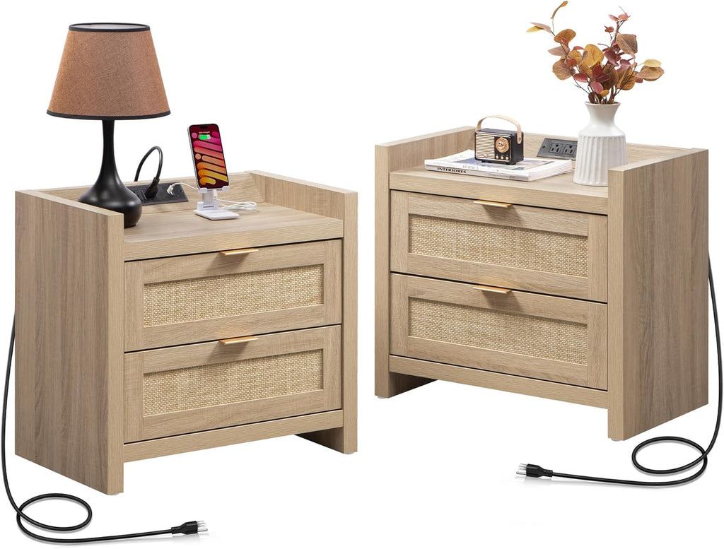Rattan Nightstands Set of 2 Bedside Table - Bed Night Stand with Type-C Charging Station, 2 Drawers Storage - Boho