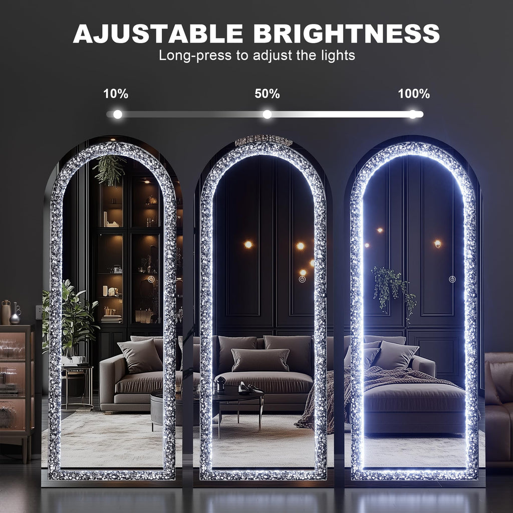 71"×24" LED Full-Length Mirror Arch Design with Crystal Crush Diamond, Wall Mounted Diamond Mirror Leaning Bedroom