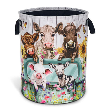 Farm Cow Pigs Laundry Basket Foldable Oxford Cloth Hamper 18.9 x 16.5 Inch