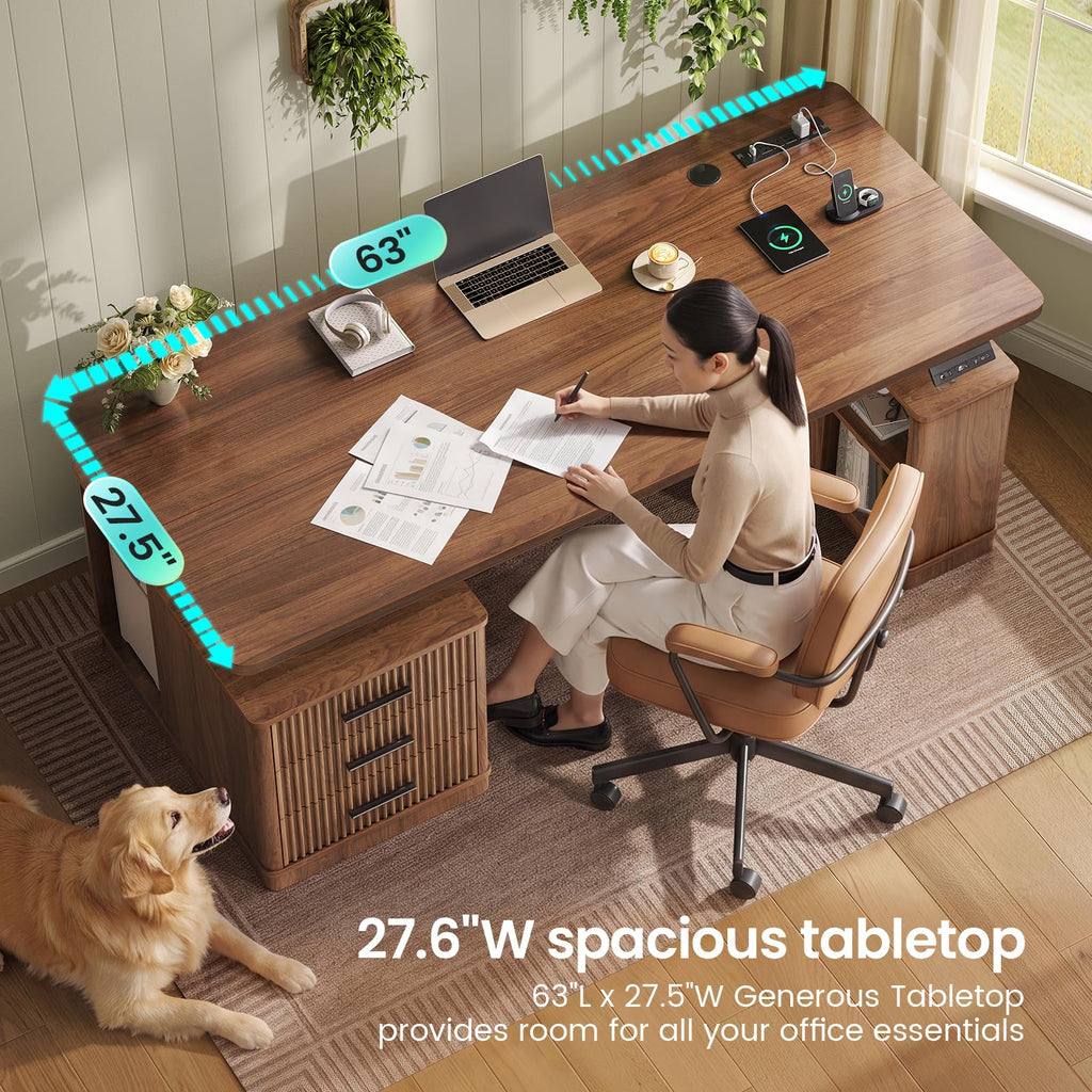 63" Fluted Electric Standing Desk with 3 Drawers, Storage Shelves