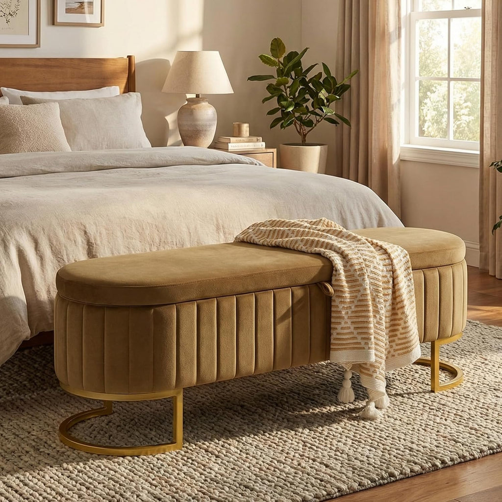 65" Velvet Storage Ottoman Bench End of Bed Entryway Coffee | Velvet Large Storage Solid Wood with Metal Leg 300 lbs