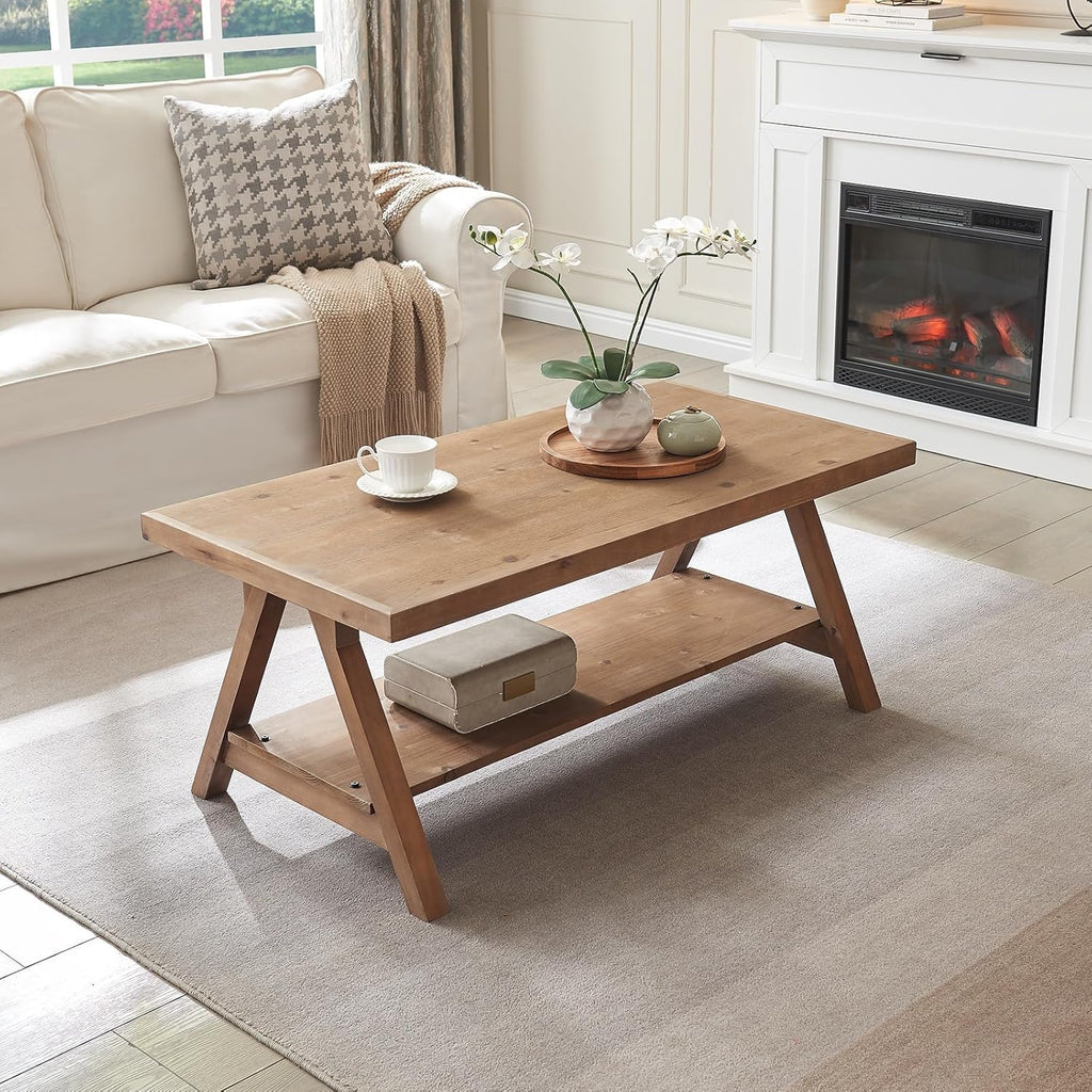 Farmhouse Coffee Table,Solid Wood Center Tables with Storage Shelves & Sturdy A-Shaped Legs