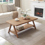 Farmhouse Coffee Table,Solid Wood Center Tables with Storage Shelves & Sturdy A-Shaped Legs