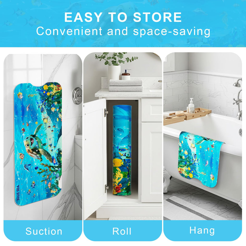 Bath Mat for Tub Non Slip Kids Bathtub Mat 40x16 Baby Bath Mat, Blue Sea