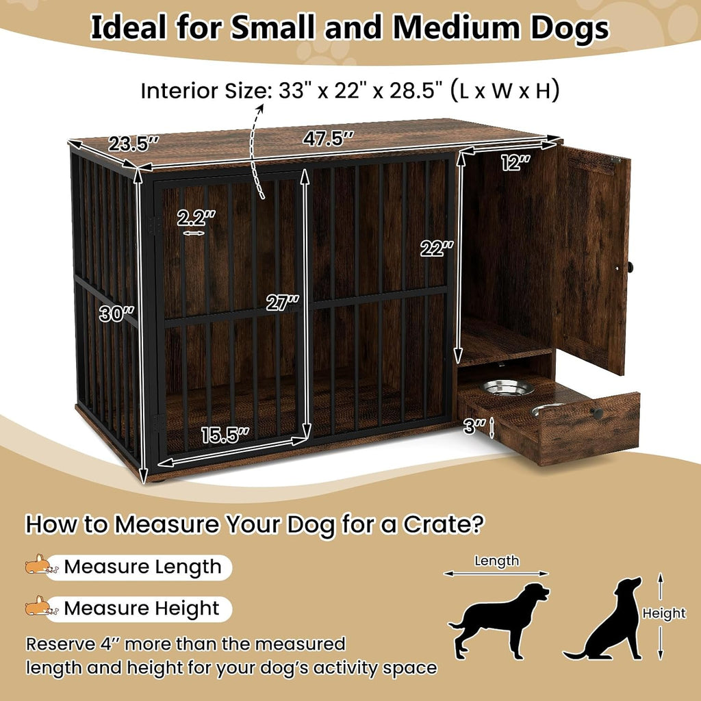 47.5" Heavy Duty Dog Crate Furniture with Bowl & Storage Cabinet