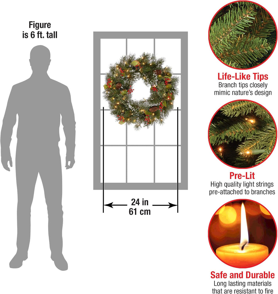 Tree Company 24in Pre-Lit Wintry Pine Flocked Christmas Wreath | 50 Warm White LED Lights, 113 Tips, Artificial