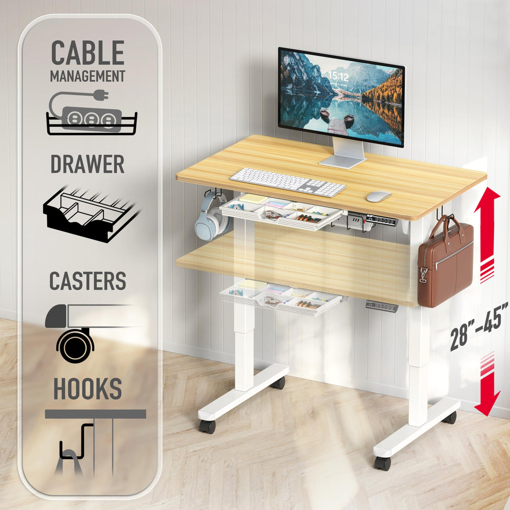 40-Inch Mobile Electric Height Adjustable Standing Desk w/Drawer, Oak