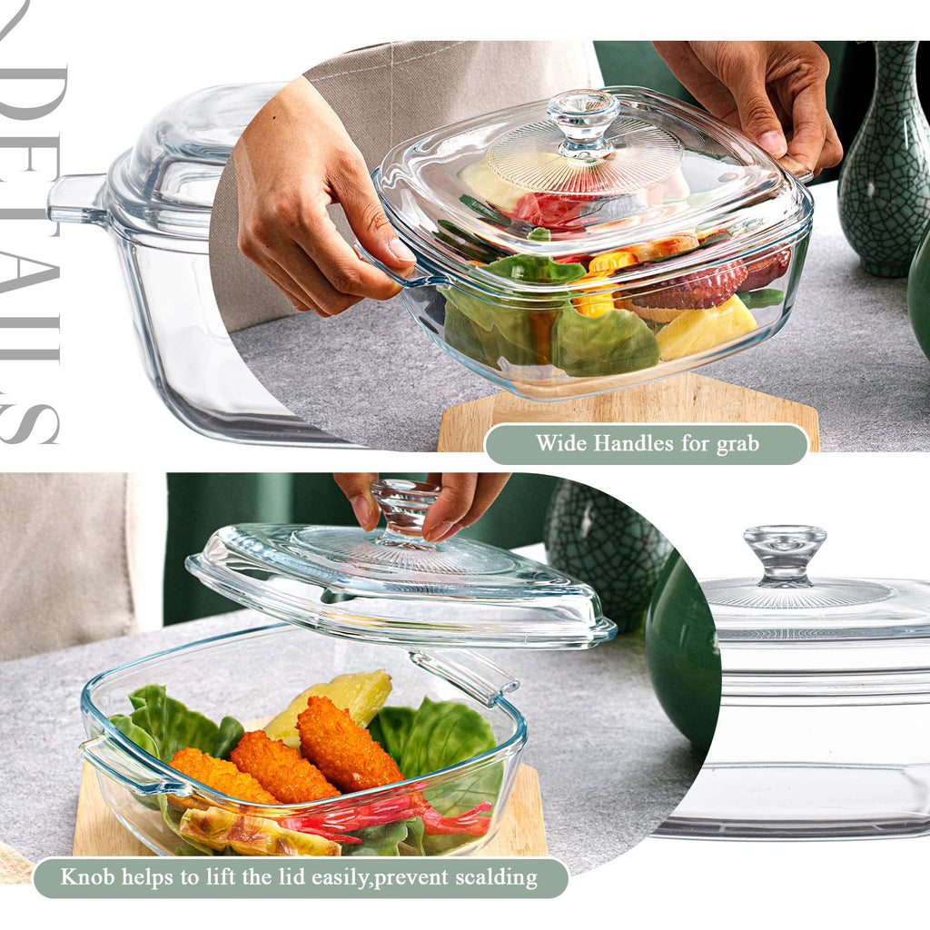 2 Pcs Glass Casserole Dish with Lid, 0.8L/1.5L Square Bakeware Set