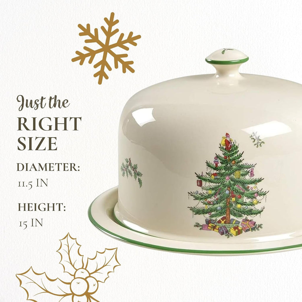 Christmas Tree 2 Piece Serving Platter with Dome Set - Ceramic Holiday Serving Tray for Cakes, Desserts, Side Dishes