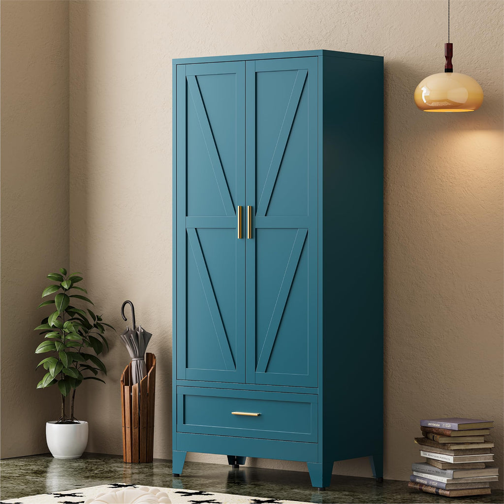 Metal Wardrobe Closet, 71" Armoire Cabinet with Drawer & Hanging Rod, Freestanding 2-Door Clothing Storage with