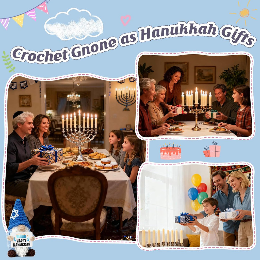 Hanukkah Gnome Crochet Plush, Handmade Blue Gnome with Star David Hat & Happy Hanukkah Candle Card, Mini Amigurumi