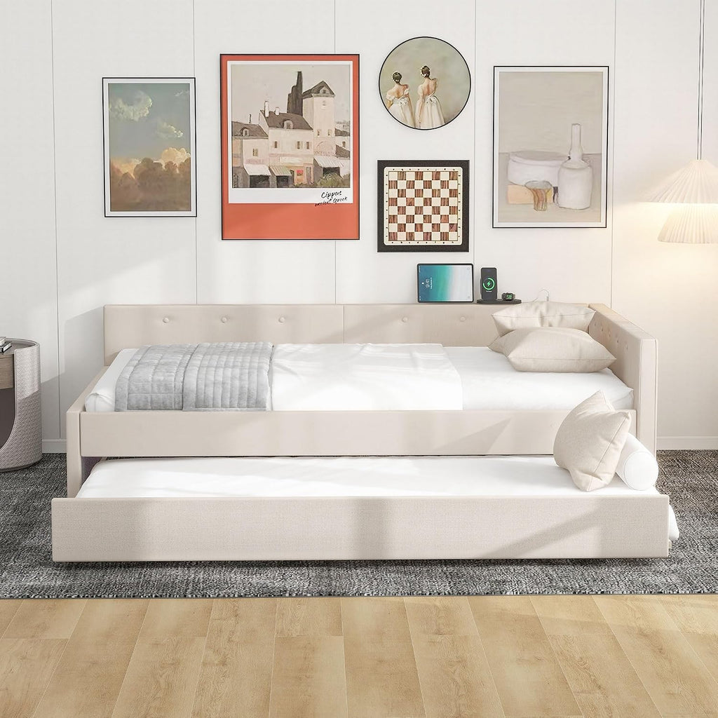 Full Size Daybed with Storage and USB, Modern Cloud Bed Frame with Twin Size Trundle, Linen Upholstered Platform Bed