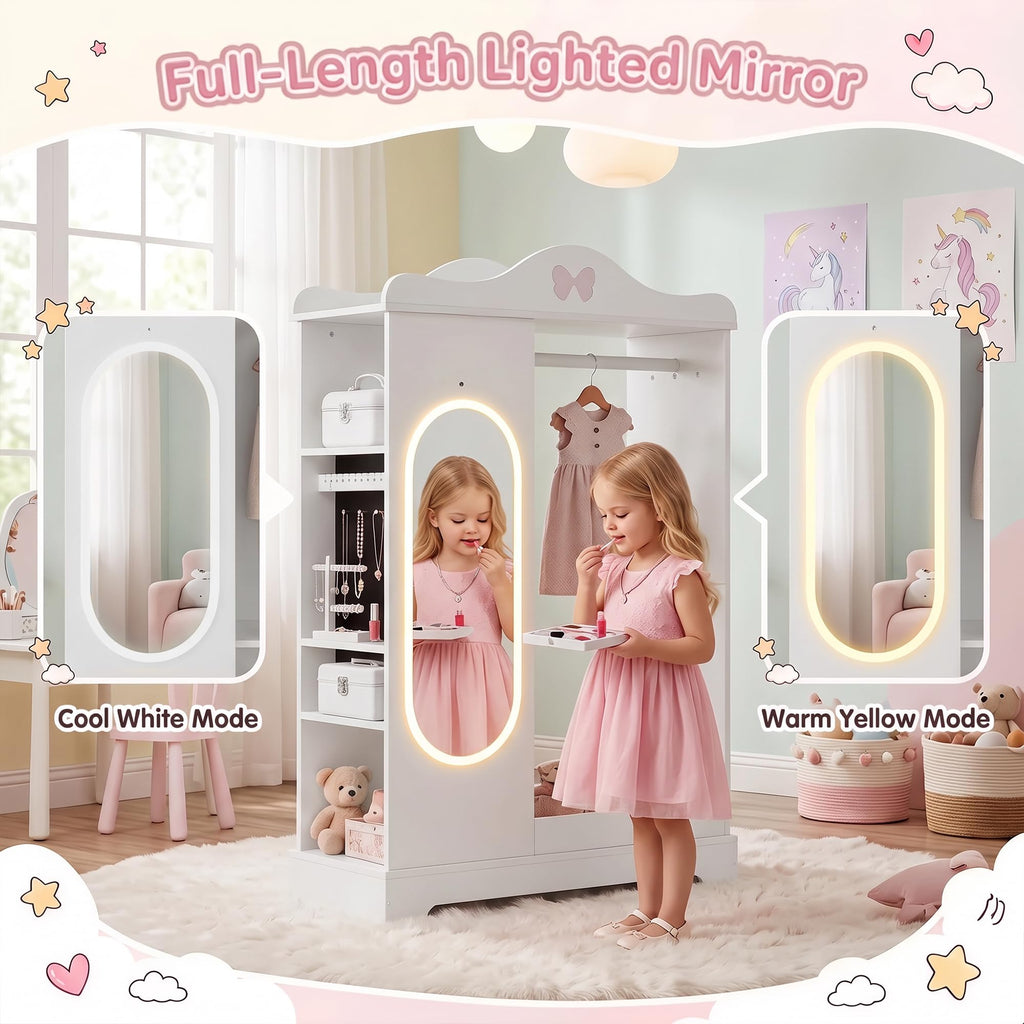 Kids Dress Up Storage with Lighted Mirror, Open Hanging Armoire, White