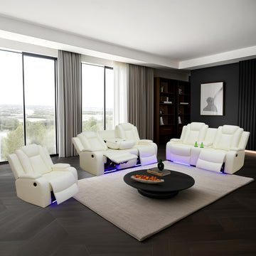 Power Leather Recliner Sofa Set with LED Light, Leather Couch Set for Reclining Sofa with Drop-Down Table/Loveseat