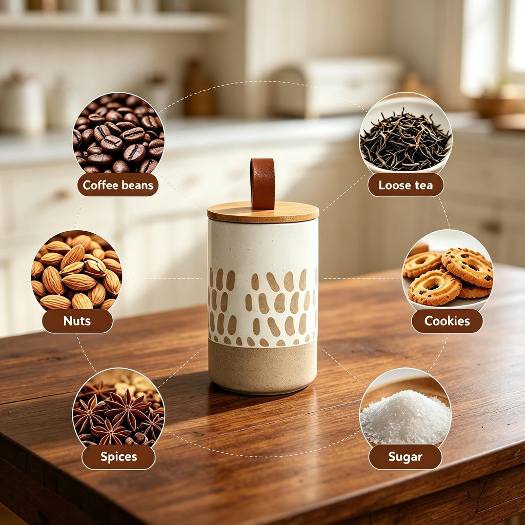 28 FL OZ Boho Ceramic Jar, Airtight Bamboo Lid, Canister for Coffee Beans