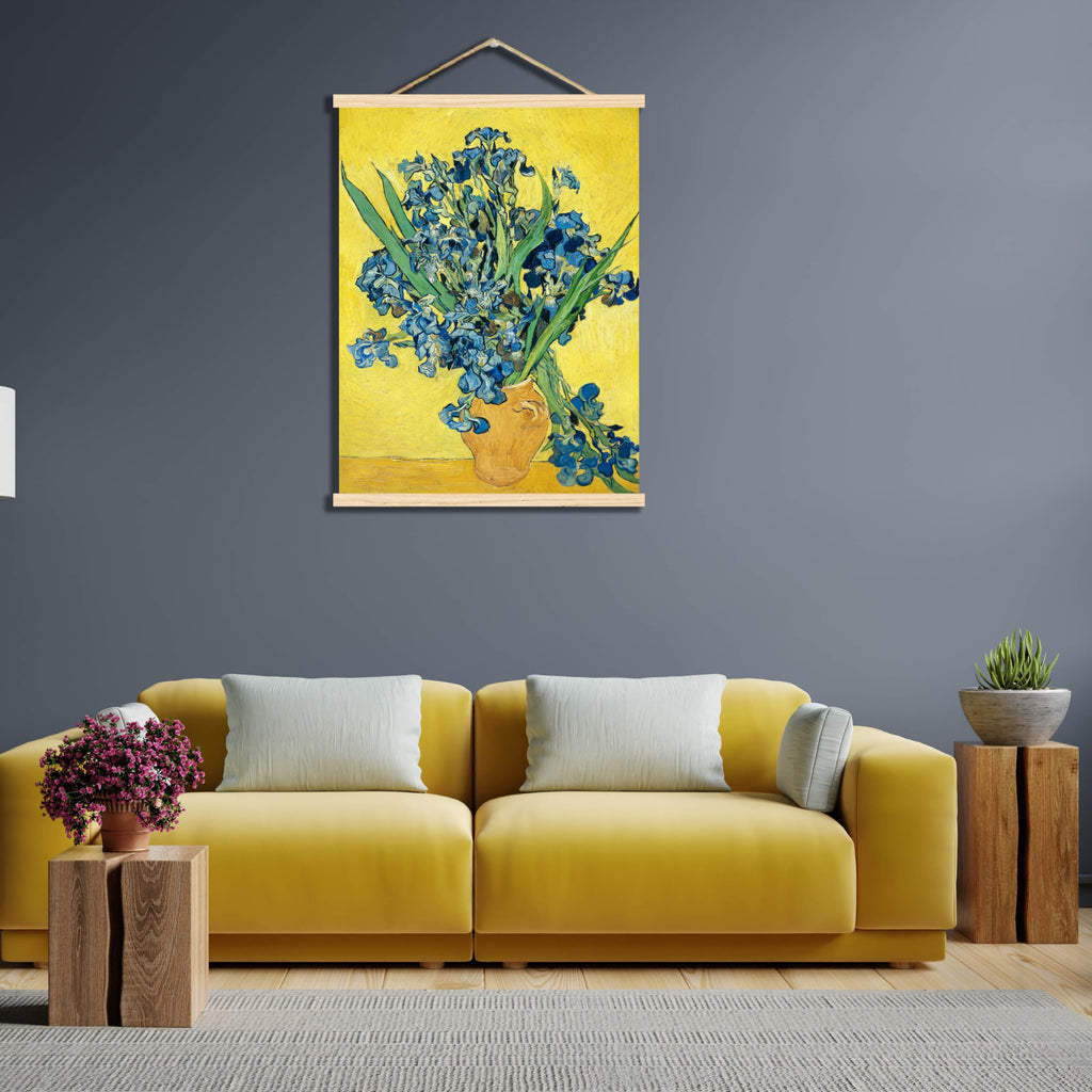 Vincent Van Gogh Canvas Wall Decor - Irises Vase Print on Yellow Background - Classic Art Reproduction - Wooden Frame